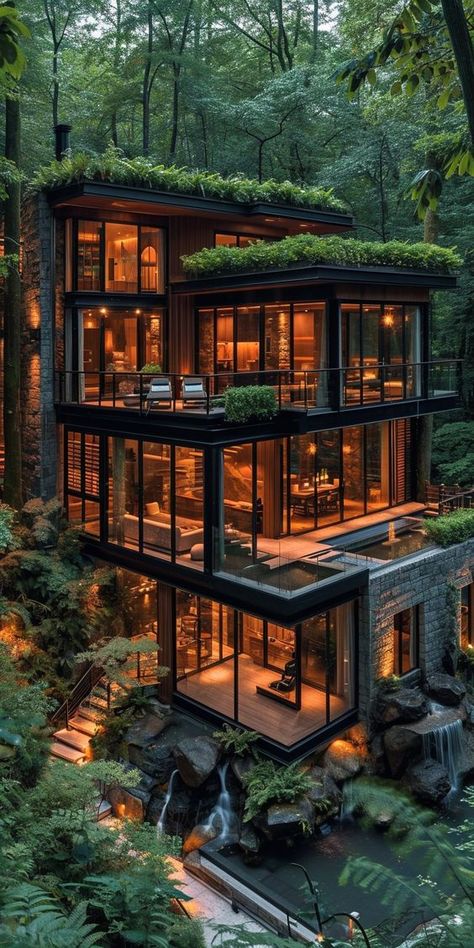 Thrive completely detached from the grid while embedded in nature courtesy of solar panels, rainwater harvesting barrels, and vegetable garden beds. Architecture, House Plans, House Design, House Outside Design, Tiny House Luxury, Home Outside Design, House In Nature, House Exterior, Tiny House