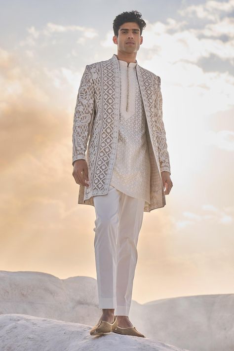 Shop for Seema Gujral Beige Raw Silk Floral Embroidered Open Sherwani Set for Men Online at Aza Fashions Engagements, India, Pune, Sherwani For Men Wedding, Indian Wedding Suits Men, Wedding Kurta For Men, Indian Wedding Clothes For Men, Indian Groom Wear, Indian Menswear