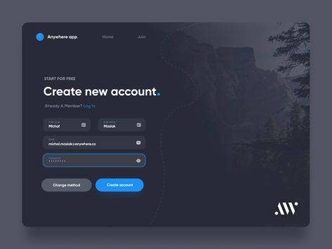 Login & Sign up - Dark Mode | AW Universal Page by Michał Masiak for AnywhereWorks on Dribbble Web Design, Interface Design, Web Layout, Dashboard Design, Login Design, App Design, Login Page Design, Web App Design, Website Sign Up