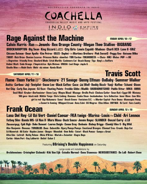 #Coachella announces its 2020 lineup w/ headliners Rage Against The Machine, Travis Scott, Frank Ocean, and more. Ariana Grande, Coachella, Lana Del Rey, Music, Big Sean, Dance Music, Coachella Valley Music And Arts Festival, Coachella Poster, Coachella Lineup