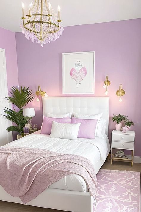 Looking to infuse a touch of lilac tint in your pink and white bedroom? This pin has got you covered. It's got a beautiful warmth to it, it's not too pink, not too white, just the right balance, soothing to the eye. If you're looking to add some life to your bedroom this kind of a look should be a good option. The cute little picture frame, warm modern light fuxtures, give it the aesthetic look it needs. Add same pinkish lilac color acessories to the room and voila! Inspiration, Pastel, Decoration, Wit, Kamar Tidur, Girl Room, Pin, Lilac Girls Bedroom, Girly Pink Bedroom