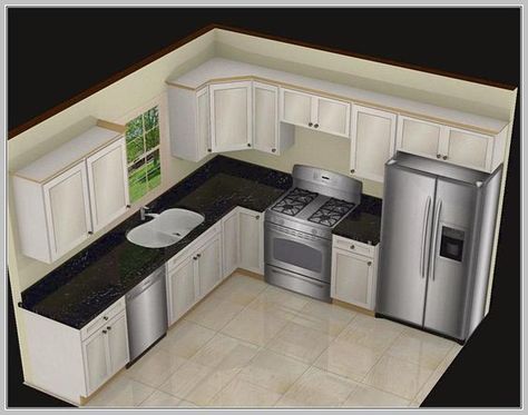 This L shaped kitchen layout is definitely stylish with white cabinets and black speckled countertops. It provides a classic layout that's very functional and easy to use. Small Kitchen Layouts, Small Kitchen Design Layout, Kitchen Layouts With Island, Kitchen Remodel Small, Kitchen Design Small, Kitchen Island With Sink, Kitchen Corner, Kitchen Remodel Idea, Kitchen Island Design