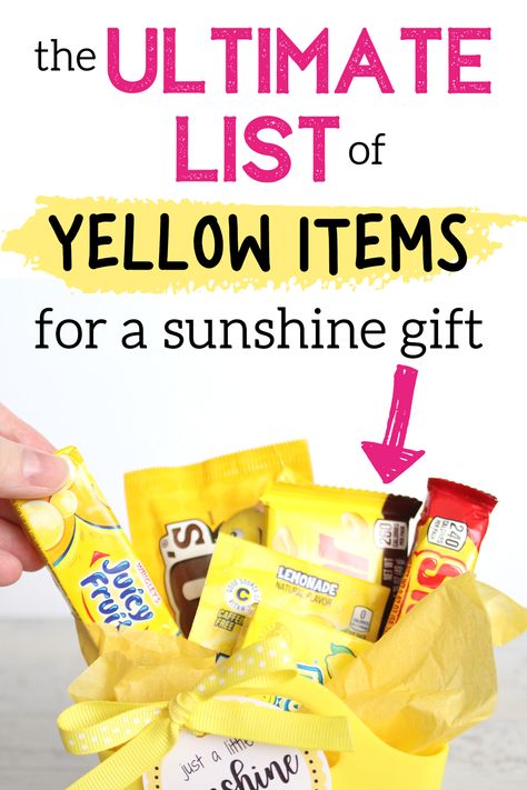 DIY the perfect yellow sunshine gift with this huge list of ideas! Perfect in just about any situation, this DIY yellow gift basket is sure to bring a smile to someone's face. Plus, free printable tags! Gift Basket Ideas, Cheerleading, Teacher Appreciation, Gift Baskets, Care Packages, Diy Gift Baskets, Themed Gift Baskets, Get Well Baskets, Yellow Gifts Basket