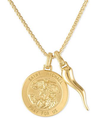 Esquire Men's Jewelry St. Michael Medallion & Horn 24" Pendant Necklace in 14k Gold-Plated Sterling Silver, Created for Macy's & Reviews - Necklaces - Jewelry & Watches - Macy's Esquire, Horn, Mens Necklace Pendant, Jewlery, Gold Pendants For Men, Mens Gold Jewelry, Chains For Men, Gold Crucifix, Mens Pendant