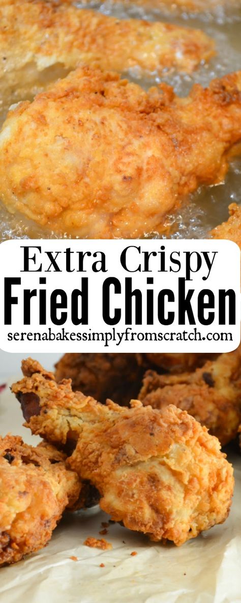 Extra Crispy Fried Chicken's amazing hot or cold and perfect for potlucks and picnics! Extra crunchy on the outside and juicy on the inside! serenabakessimplyfromscratch.com Essen, Cold Fried Chicken Picnic, Paper Bag Fried Chicken, Breaded Chicken Legs, Extra Crispy Fried Chicken, Fried Chicken Drumsticks, Fried Chicken Legs, Resepi Ayam, Making Fried Chicken