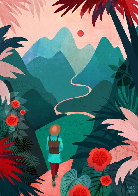Amarins de Jong - Illustration Palm Trees, Illustrators, Art, Nature, Nature Illustrations, Travel Art, Mountain Illustration, Travel Illustration, Nature Illustration