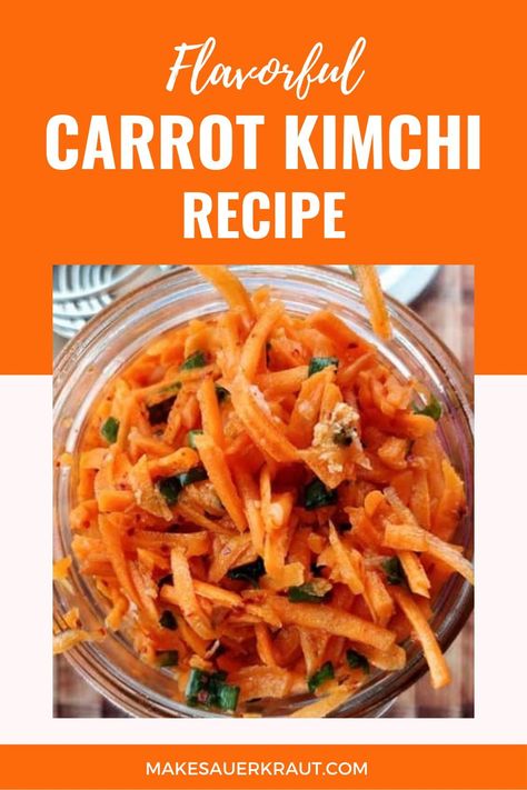 Carrot Kimchi, or Tanggun Kimchi, is just one of over one-hundred types of kimchi. Shredded carrots brined and flavored like kimchi. This fermented kimchi recipe is a must-try meal idea! Visit the blog post for the complete recipe! Kimchi Recipe, Fermented Kimchi, Making Sauerkraut, Fermented Cabbage, Fermented Vegetables Recipes, Sauerkraut Recipes, Fermented Vegetables, Fermented Drink, Recipe