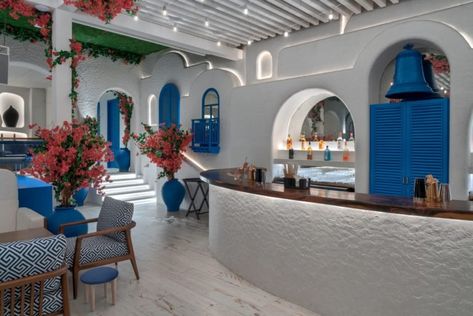 Mykonos, Mediterranean Interior Design, Greek Interior Design, Mediterranean Interior, Restaurant Interior Design, Modern Hotel Lobby, Restaurant Interior, Modern Hotel, Restaurant Design