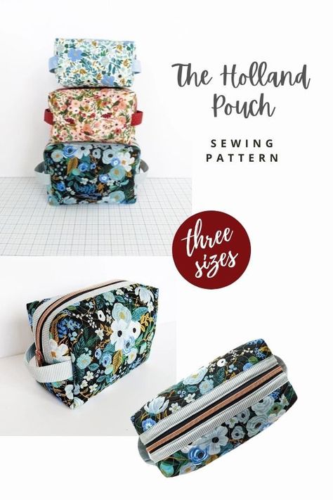 The Holland Pouch sewing pattern (3 sizes). The designer designed this Pouch pattern because she wanted to make a go-to quilted pouch pattern that was simple, fast, and something that even a beginner could feel confident making. This pattern has three size options each of which only uses three fat quarters of fabric. Scrap friendly easy sewing pattern for a boxy bag with handle for makeup, cosmetics and toilettries. SewModernBags