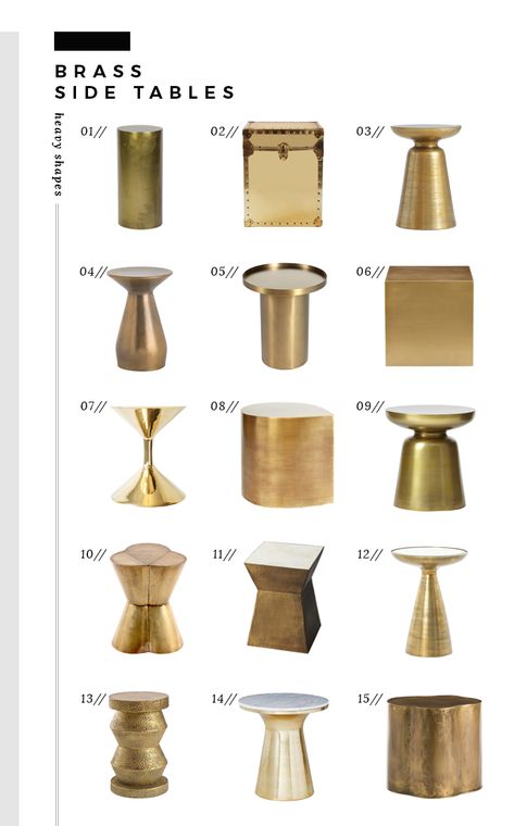brass-side-tables-heavy-shapes Brass Side Table, Marble Side Tables, Side Table Design, Furniture Side Tables, Side Tables, Side Tables Bedroom, Modern Side Table, Side Table, White Side Tables