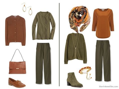 Capsule Wardrobe Color Palette – A Dash of Cinnamon, with 6 Neutral Colors Outfits, Capsule Wardrobe, Autumn Outfits, Casual, Winter Capsule Wardrobe, Fall Outfits, Brown Sweater, Olive Cardigan, What To Wear