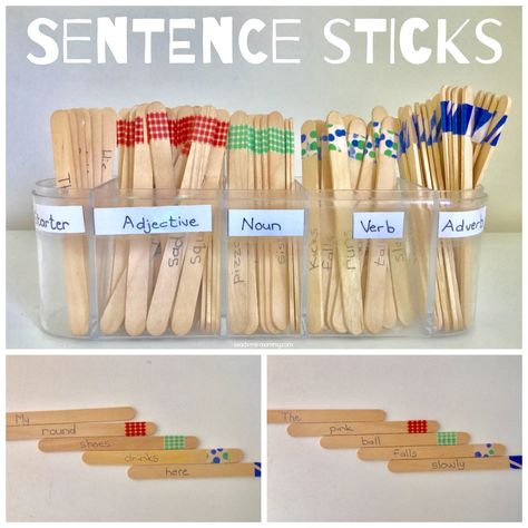 Using popsicle or craft sticks make learning more fun.(See ideas here) These sentence sticks work great to teach the parts of a sentence/speech: verbs, nouns, adjectives etc. Use it to make silly sentences or real sentences too! I simply wrote starter words, adjectives, nouns, verbs and adverbs on craft sticks. Then added some Washi tape, … Montessori, Phonics Activities, Pre K, Teaching Verbs, Teaching Sentences, Teaching Grammar, English Lessons For Kids, Grammar Activities, Teaching Aids