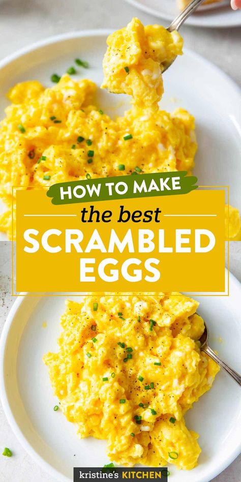 The best Scrambled Eggs Recipe! How to make scrambled eggs that are fluffy, soft and creamy. Make them for a crowd or to serve just one. An easy breakfast idea! Creamy Scrambled Eggs, Scrambled Eggs With Cheese, Breakfast Eggs Scrambled, Best Scrambled Eggs, Quick Egg Recipes, Fluffy Scrambled Eggs, Scrambled Eggs Recipe, Easy Egg Breakfast, Best Egg Recipes