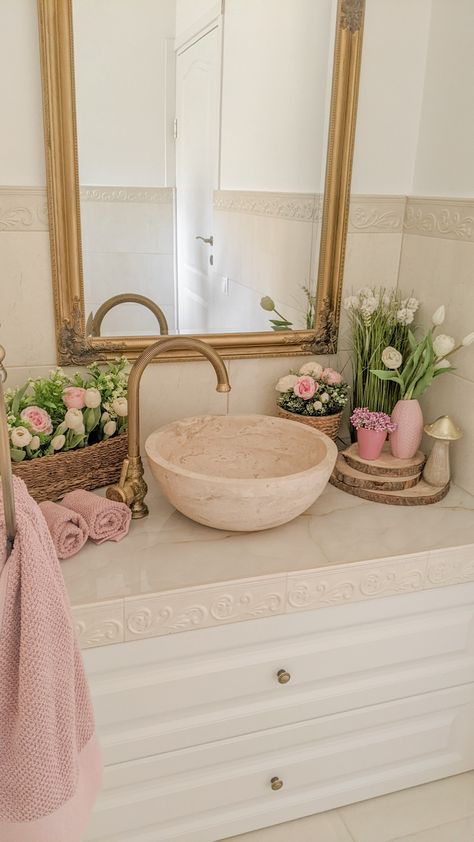 Bath, Interior, Home Décor, Pink Bathroom Decor, Pink Bathroom Ideas Decor, Floral Bathroom Decor, Spring Bedroom Decor, Cute Bathroom Ideas, Bathroom Decor Girly