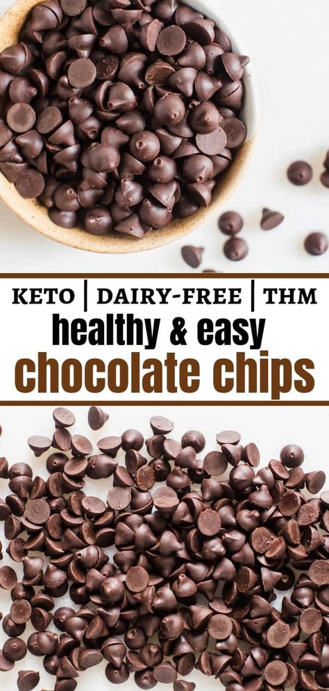 These Homemade Chocolate Chips are special-diet friendly (dairy-free & sugar-free) and soooo much cheaper than the store-bought versions of dairy-free and low-carb chocolate chips! #paleochocolate #AIP #ketochocolate #lowcarbchocolate #sugarfreechocolate #thmdessert Paleo, Snacks, Clean Eating Snacks, Desserts, Low Carb Recipes, Gluten Free, Brownies, Keto Chocolate Chips, Dairy Free Chocolate Chips
