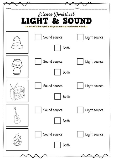 Light and Sound Science Worksheet First Grade Inspiration, Worksheets, Sound Energy Activities, Sound Science, Sound Energy, Light Science, Science Topics, Science Worksheets, Energy Activities
