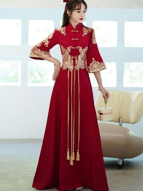 Red Fit & Flare Appliques Qipao / Cheongsam Wedding Dress with Bell Sleeve - CozyLadyWear Couture, Wedding Dress, Cheongsam Wedding Dress, Chinese Style Wedding Dress, Traditional Dresses, Cheongsam Wedding, Qipao Wedding Dress, Chinese Wedding Dress, Cheongsam Dress