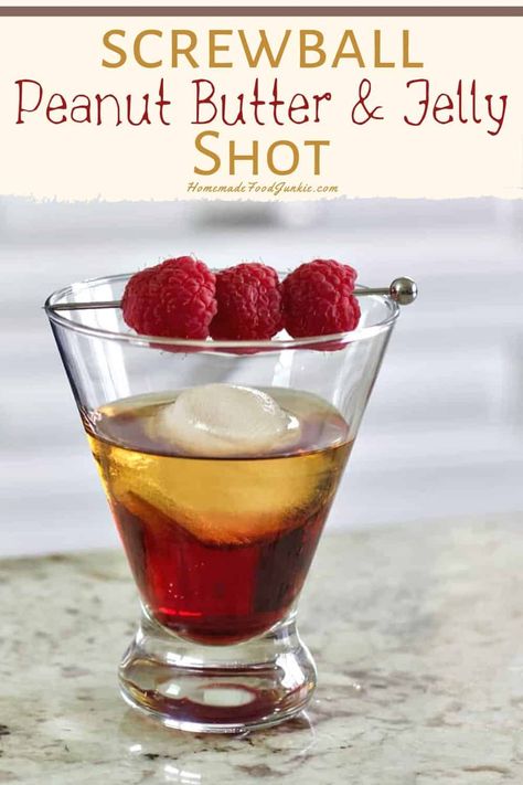 A tasty mix of Screwball peanut butter whiskey with Chambord and PB&J create this cocktail. Slightly sweet with a rich peanut butter flavor give this classic combo a grown up kick. #screwballwhiskey #peanutbutter #pb&j #peanutbutterwhiskey #shot #cocktail Whiskey Shots, Whiskey Drinks, Boozy Drinks, Whiskey Drinks Recipes, Yummy Alcoholic Drinks, Whiskey Recipes, Jelly Shots, Alcohol Drink Recipes, Booze
