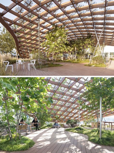 MAD Architects together with Hanergy have created "Living Garden", a modern pavilion that breaks down the boundaries between interior and exterior, giving inhabitants the feeling that they are living in nature. #Architecture #ModernPavilion #Wood #SolarPanels #Design Pavilion, Pavilion Architecture, Architecture, Pavilion Design, Pavilion Plans, Garden Pavilion, Outdoor Pavilion, Glass Pavilion, Timber Architecture