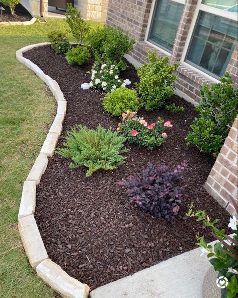 Front yard flowerbed makeover, drift roses, rubber mulch, stone edging for flowerbed, Home Depot style, flowerbed ideas Gardening, Exterior, Landscaping With Large Rocks, Mulch Landscaping, Landscaping With Mulch, Mulch Bed Ideas Front Yards, Boxwood Landscaping, Front Porch Landscaping Ideas, Fall Landscaping Front Yard