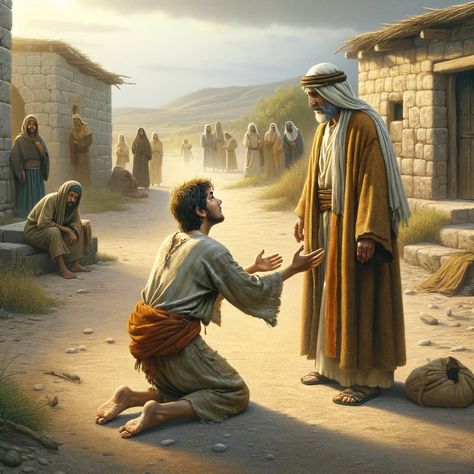 A poignant scene depicting the moment in the Prodigal Son parable where the wayward son returns to his father. The setting is a rural, Middle Eastern landscape during biblical times, with simple stone houses and a dusty path. The son, in ragged clothing, kneels before his father, a Middle-Eastern man wearing traditional attire of the era. The father's expression is one of compassion and... Harry Potter, Prodigal Son, Christian, Jesus Pictures, Islamic Artwork, Prodigal, Christian Pictures, Inheritance, Compassion