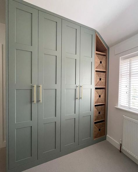 NC Carpentry & Joinery on Instagram: "Latest wardrobe completed, consisting of 4 panel shaker doors with oak veneered interiors, drawers and open shelving. Shelving made to suit Ikea Knipsa boxes, drawers fitted on @Blum_uk Movento drawer runners and doors hung on blum soft close hinges. All made and decorated on site and finished in farrow and ball card room green. @ikeauk @blum_uk @farrowandball @plankhardware @etsyuk #cardroomgreen #bespokefurniture #interiordesign #bespoke #interiors # Ikea, Interior, Wardrobe Doors, Shaker Doors, Built In Wardrobe Doors, Built In Cupboards, Cupboard Doors, Built In Wardrobe, Closet Door Makeover