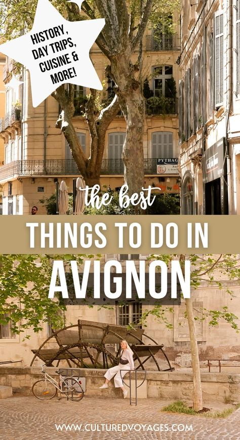 Discover the best things to do and places to visit in Avignon France with this comprehensive travel guide from Cultured Voyages. This beautiful city in France is well worth including on your Provence itinerary. Learn about Avignon’s restaurants, historic sights, art galleries and more (including some secret spots in Avignon to discover). Pull off the perfect Avignon itinerary with this guide. Montpellier, Paris, Trips, Provence France, France Travel Guide, Europe Travel, France Travel, European, Places To Visit
