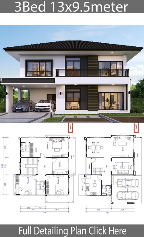 House Design Plan 13x9.5m With 3 Bedrooms - Home Design With Plansearch EB7 House Floor Plans, House Plans, 2 Storey House Design, Modern House Plans, Modern House Floor Plans, Model House Plan, House Layouts, Architectural House Plans, House Designs Exterior