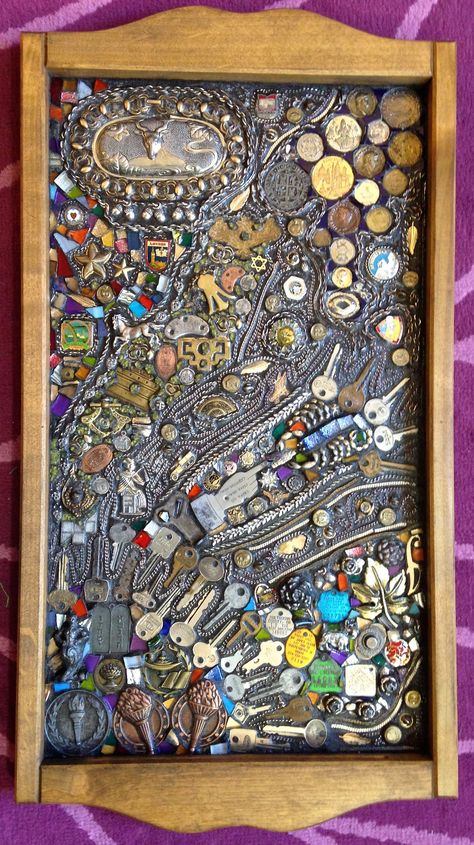 IMG_0421 | Found object mosaic with keys, chain, pins, coins… | Flickr Crafts, Junk Art, Diy Artwork, Old Coins Craft, Found Object Jewelry, Scrap Metal Art, Coins Art Ideas, Coin Art, Coin Crafts