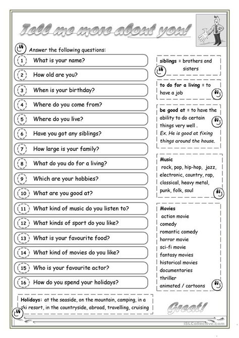 All about You - Introduce yourself - English ESL Worksheets for distance learning and physical classrooms Worksheets, English, Language Goals, Teaching English, Learn English, Language Teaching, How To Introduce Yourself, Teaching Jobs, Distance Learning