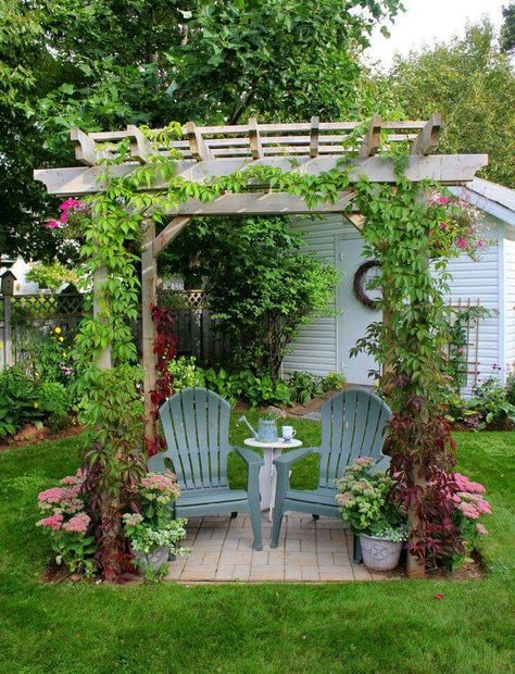 Pergilah and sitting Back Garden Landscaping, Shaded Garden, Backyard Seating Area, Small Backyard, Backyard Patio, Small Backyard Landscaping, Backyard Seating, Backyard Landscaping, Backyard Design