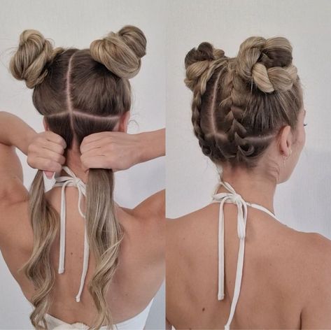 Pool Day Braided Space Buns 💦🔫☀️ | Pool Day Braided Space Buns 💦🔫☀️ | By Simple Plaited Buns, Braided Space Buns, Space Buns Hair, Pool Day Hair, Braided Buns, Dance Hairstyles, Braids With Extensions, Two Buns Hairstyle, 2 Buns Hairstyle