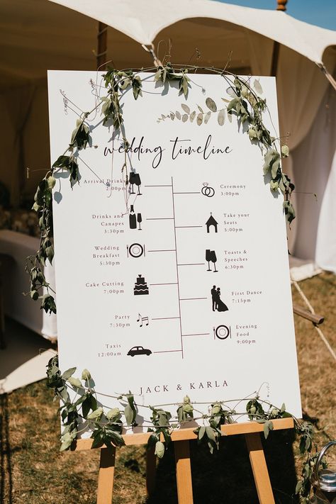 Illustrated Order Of The Day wedding signage complete with green foliage decor | Jessica Hopwood Photography Invitations, Order Of The Day Wedding, Bride Speech, Davids Bridal Bridesmaid, Islamic Wedding, Bridal Bridesmaid Dresses, Rockmywedding, Wedding Breakfast, Marquee Wedding