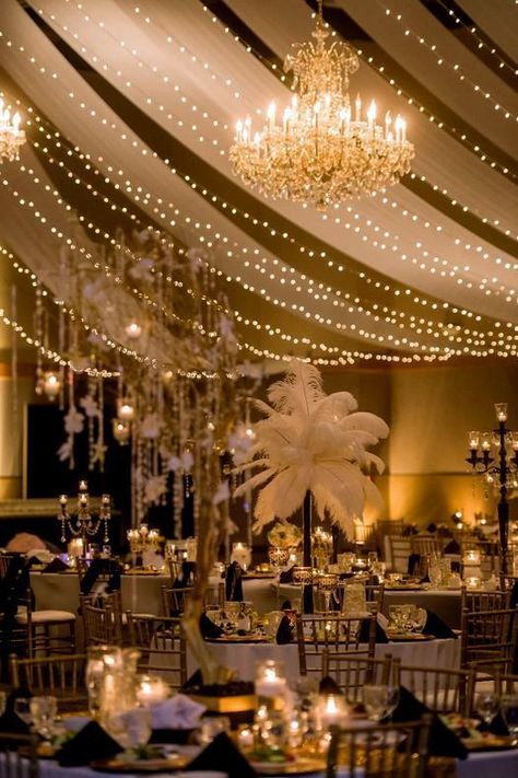 gatsby party, feathers, white sheers, and lights. Prom, Wedding, Gatsby, Elegant, Dekorasyon, Bodas, Mariage, Hochzeit, Boda