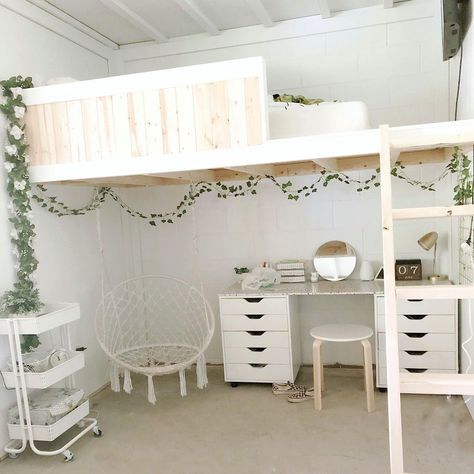 Becky 🌿 Building + Crafting + DIYing on Instagram: “From dark and dingy basement to cool loft rooms! 😎 The girls are getting older and their sleepovers are getting louder so my solution was…” Teen Loft Beds, Loft Beds For Teens, Bunkbeds For Teens, Loft Bed Ideas For Small Rooms, Cool Beds For Teens, Tween Bedroom Ideas, Tween Room Ideas, Girls Loft Bed, Loft Beds For Small Rooms
