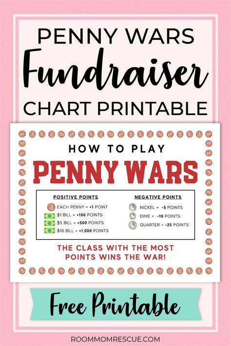 Putting on a penny wars fundraiser just got a little easier for your PTO/PTA! Learn the rules of the game, create a custom fundraiser flyer, get printable rule charts, advice on jars and containers for the coins, bulletin board ideas, and so much more! Learn more at roommomrescue.com #pennywarsideas #pennywarsfundraiser #pennywarsfundraiserrules Teacher Appreciation, Cheerleading, Fundraising Games, Relay For Life, Pta Fundraising, School Fundraisers, Fundraising Activities, Fundraising Goals, Preschool Fundraisers