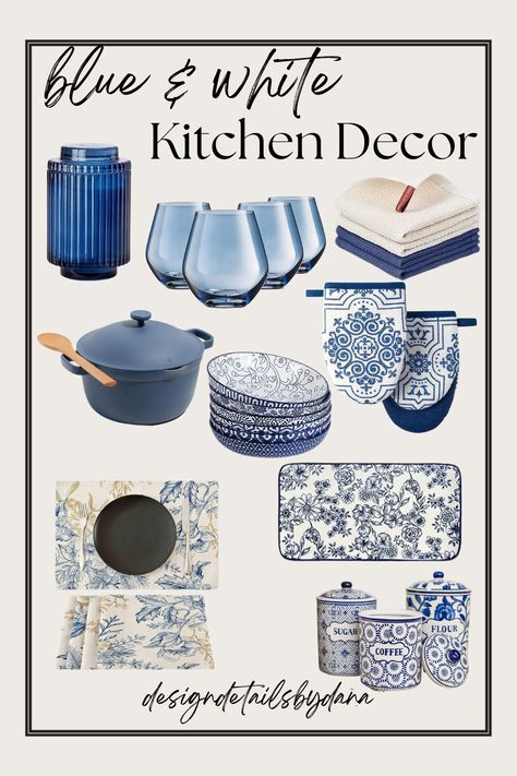 Elevate the look of your kitchen with this curated collection of timeless blue and white kitchen decor. From wine glasses, platters, and pasta bowls to oven mitts, candles, and placemats, these blue and white kitchen ideas will transform your kitchen aesthetic. Follow us for more enticing kitchen decor inspirations and ideas. Algarve, Diy, Design, Kitchen Ideas, Blue Kitchen Accessories, Blue Kitchen Decor, Kitchen Decor Inspiration, Kitchen Themes, Turquoise Kitchen Decor