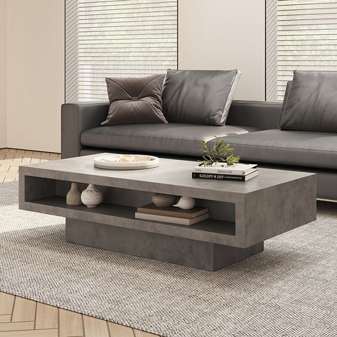 Japandi Rectangle Concrete Gray Coffee Table with 2 Drawers & Open Storage Modern Coffee Tables, Concrete Coffee Table, Coffee Table Design Modern, Coffee Table Rectangle, Coffee Table With Storage, Modern Living Room Table, Coffee Table Styling, Stone Coffee Table, Coffee Table Design