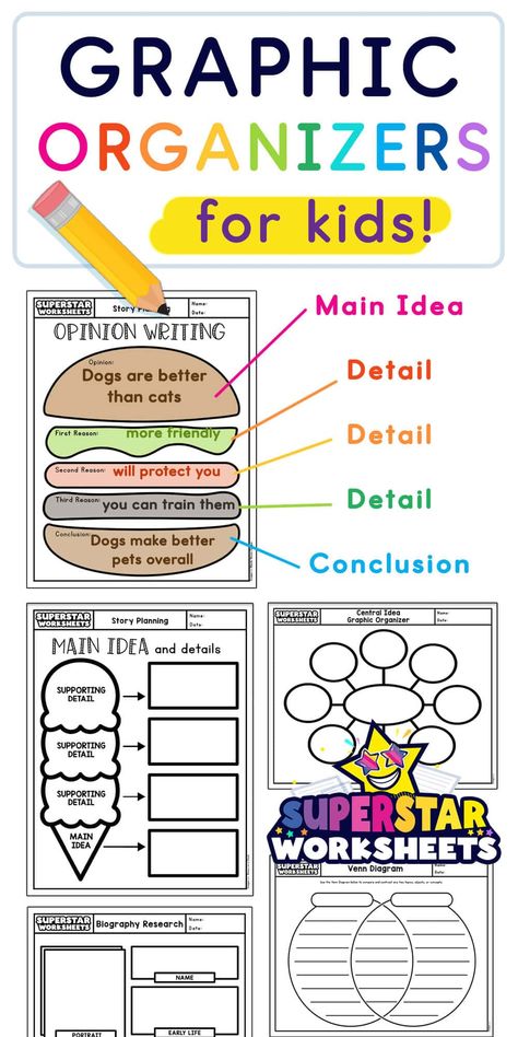Free printable Graphic organizers and graphic organizer templates for kids. Teachers can use our PDF graphic organizing writing template to help students to compare and contrast, outline cause and effect, and create story maps.  Our simple graphic organizer printables will help your students organize their writing into beginning-middle-end story sequences, and provide a framework for building opinion, narrative, or informational writing.   #studyhacks #notetaking #freeprintables English, Home Schooling, Teaching Ideas, Vocabulary Graphic Organizer, Main Idea Worksheet, Pre Writing, Writing Planning, Homeschooling, Language Arts