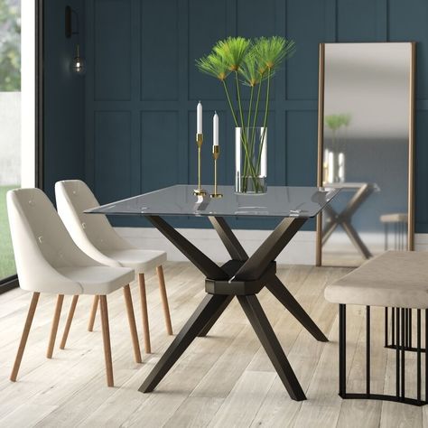 A sophisticated, glass-topped dining table for six that will fit into any modern dining room. Interior, Home Décor, Glass Top Dining Table, Dining Room Table, Glass Dining Table, Dining Table In Kitchen, Rectangular Dining Table, Dining Table Decor, Dining Table