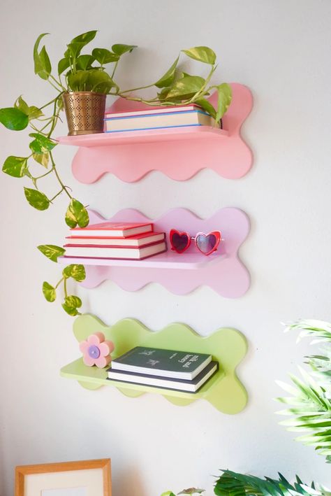 A new and improved version of our Original Wavy Wall Shelf! Show off your wild side, the squiggly shape will give your décor some added flair. Hang it up and let it be the centerpiece of the room. Available in pink, mustard, lilac, apple (exclusive color for this style!), sky blue and peach. Includes easy hanging hardw Design, Interior, Dorm Rooms, Diy Room Décor, Diy Room Decor, Room Decor, Room Diy, Bedroom Makeover, Room Makeover