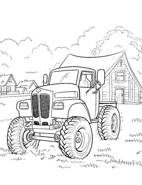 Farmyard Monster: A farm-style monster truck working on a farm. (Free Printable Coloring Page for Kids) Monster Truck Coloring Pages, Truck Coloring Pages, Train Coloring Pages, Monster Truck Kids, Animal Coloring Pages, Coloring Pages For Kids, Coloring Pages For Boys, Monster Trucks, Monster Truck
