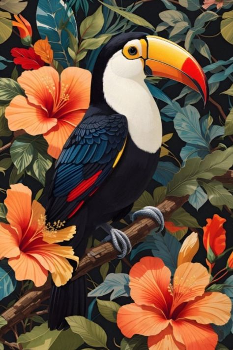 Tropical Jungle Toucan Bird Poster Decoupage, Animation, Tropical Birds, Tropical Animals, Tropical Art, Tropical Art Print, Jungle Print, Tropical Artwork, Jungle Birds