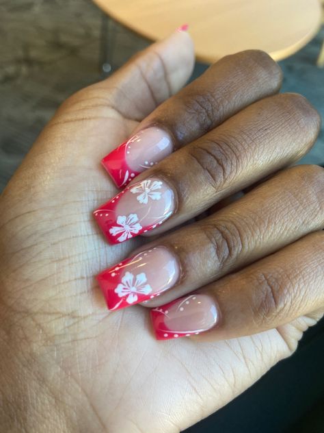 Pink, Art, Hibiscus, Summer Acrylic Nails, Square Acrylic Nails, Tropical Nail Designs, Unique Acrylic Nails, Hibiscus Nail Art, Summer French Manicure