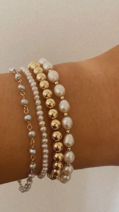 From L to R: Maui bracelet, Tahiti bracelet, Large Bead bracelet, Fiji bracelet Bracelets, Beaded Bracelets, Beaded Jewellery, Gold Bead Bracelets, Beads Bracelet Design, Jewellery Bracelets, Beaded Jewelry, Bracelet Designs, Handmade Bracelets