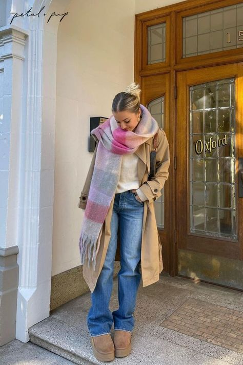 Casual winter outfit, pink scarf, pink pattern scarf, cute winter outfit Pink, Winter Outfits, Outfits, Pop, Wardrobes, Pink Scarf Winter, Pink Plaid Scarf, Spring Scarf Outfit, Oversized Plaid Scarf