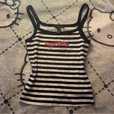 Forever 21 Grunge Striped Black And White Emotional Graphic Tank Top In Size Small. Brand New, Perfect Condition! Approx Measurements (Laying Flat): Armpit To Armpit: 14.5’ Length (Including Shoulder Straps): 21’ Emo Grunge Goth Streetwear Trendy Y2k Cute Black Emo Style, Wardrobes, Outfits, Graphic Tank Tops, Black Tank Tops, White Tank Top, Y2k Tank Top, Tank Top Outfits, Lace Up Tank Top