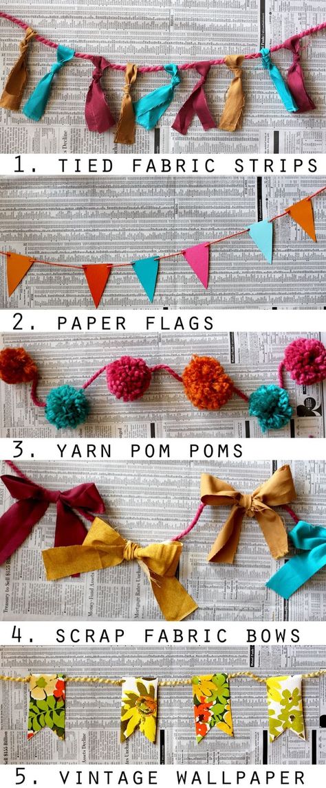 Bunting Garland, Diy, Quilling, Recycling, Paper Crafts, Crafts, Fabric Bows, Fabric Scraps, Yarn Pom Pom