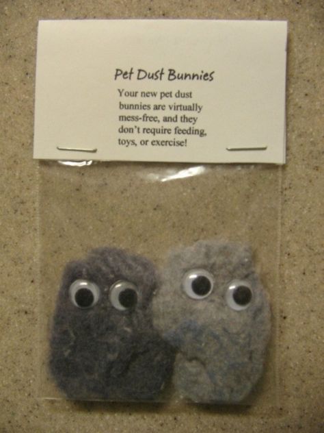 This is a guide about pet dust bunnies. If you are looking for a clever gag gift that doesn't cost much; here it is. These cuties are made of recycled dryer lint. Pre K, Homemade Gifts, Diy, Diy Gifts, Neighbor Gifts, Silly Gifts, Dust Bunnies, Gag Gifts Christmas, Prank Gifts