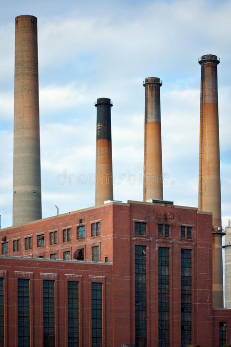 Dirty Factory Smoke Stacks. Over an old brick building , #AFFILIATE, #Smoke, #Factory, #Dirty, #building, #brick #ad Brick Factory Architecture, Old Brick Factory, Old Industrial Buildings, Old Factory Architecture, Renovated Factory, Factory Architecture Design, Factory Aesthetic, Victorian Factory, Factory Chimney